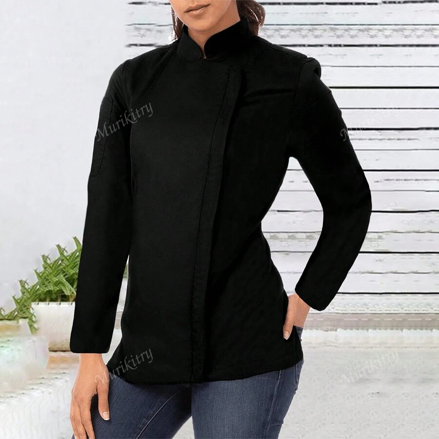 Chaqueta de chef con cuello alto de unicolor y cremallera, manga larga para mujeres