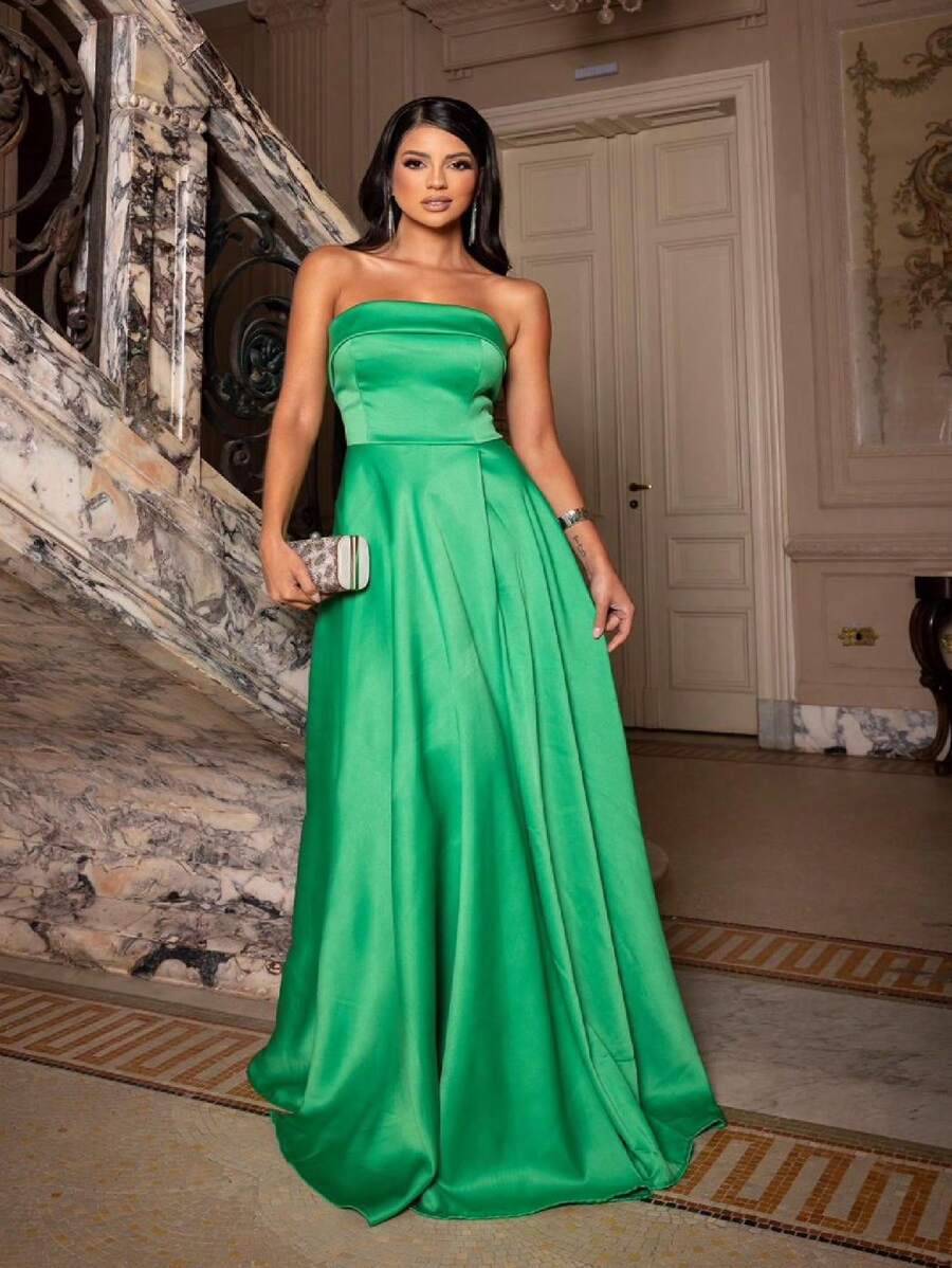Long Bridesmaid Prom Debutante Party Dress Strapless Princess Style In Luxurious Satin-Free Fabric - 綠色 - 查看 1
