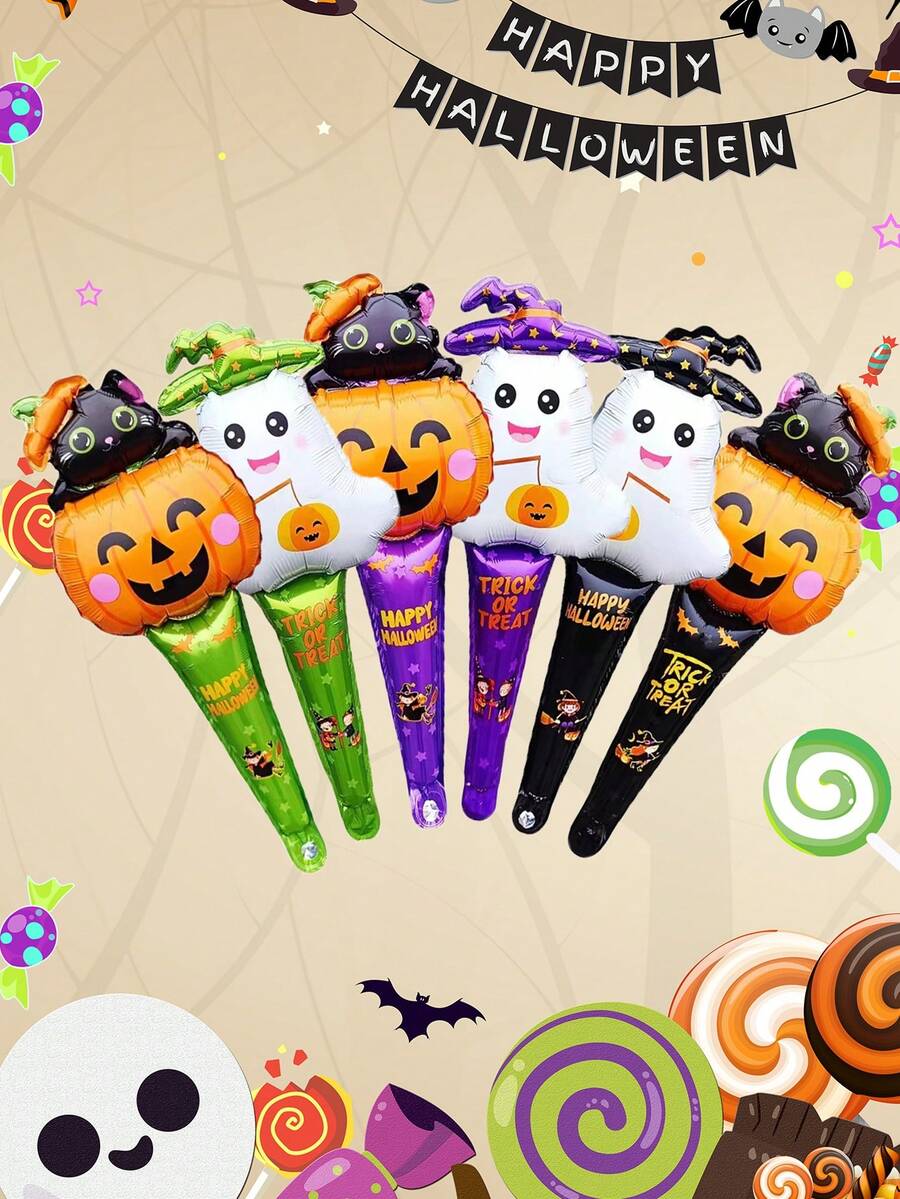6pcs 62cm Large Halloween Stick Balloons Pumpkin Ghost Hand-Held Stick Air Balloons Halloween Balloon Halloween Decorations Day Of The Dead Decorate,Christmas - Multicolor - View 1