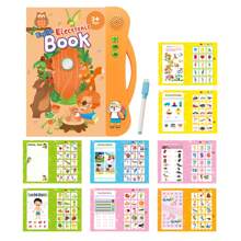 儿童英语电子书互动式触摸阅读书 - 包括：1本触摸阅读书，1支可洗泡沫记号笔（随机颜色）。书的左侧可用于书写、绘画和练习，右侧可触摸播放音频。内容涵盖：英文字母、数字、水果、蔬菜、动物、车辆、关系、乐器、童谣、故事、形状、颜色等。需要 3 节 AAA 电池（不包括在内）。