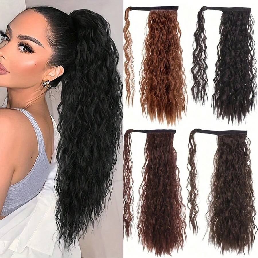 Ngô Sóng Đuôi Ngựa Nối Dài Kẹp Trong-22 Inch Dài Lượn Sóng Quấn Quanh Pony Đuôi Chịu Nhiệt Tổng Hợp Bộ Tóc Giả dành Cho Nữ - Nhiều màu - Xem 1