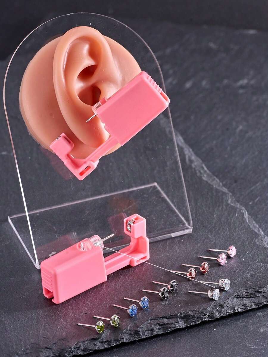 2 件套无菌耳洞枪套装、一次性低痛耳洞打孔器、嵌入 5AAAAA 白色/黑色/绿色/红色/蓝色方晶锆石耳环、耳部美容工具及配件、耳洞穿刺套装