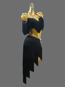ABC Dancing 全新黑色专业拉丁舞裙，适合成人女士和女孩，运动舞蹈派对服装，性感开叉流苏比赛裙 - 黑色 - 查看 3