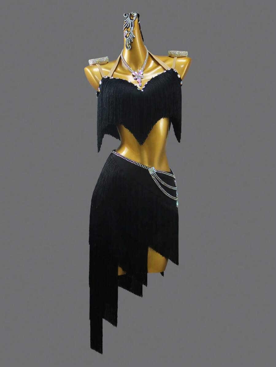 ABC Dancing 全新黑色专业拉丁舞裙，适合成人女士和女孩，运动舞蹈派对服装，性感开叉流苏比赛裙