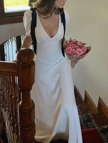 女士蝴蝶结肩部短款泡泡袖超长宴会礼服白色优雅鸡尾酒半正式舞会婚礼宾客礼服，适合生日、毕业典礼、晚宴、返校节 - 白色 - 查看 5