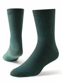1 双男士袜子运动休闲中筒袜女士袜子纯色低腰袜冬季袜子高筒袜，流行袜厚袜子绿色袜子，秋季 - 軍綠色 - 查看 4