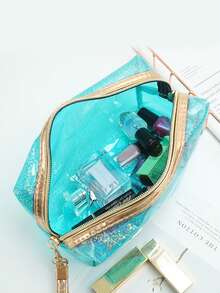 1个透明PVC化妆包，大容量全息手提洗漱包，便捷旅行收纳袋，经典时尚化妆包，透明可视拉链袋，粉色、蓝色、绿色、紫色、银色可选 - 彩色 - 查看 3