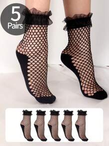 1/5 双黑色网眼蕾丝上衣透明透气女士长筒袜，适合日常穿着 - 黑色 - 查看 11