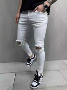 Men's Skinny Fit Distressed Jeans, European Style Solid Color Fashion Elastic Pants