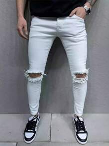 Men's Skinny Fit Distressed Jeans, European Style Solid Color Fashion Elastic Pants