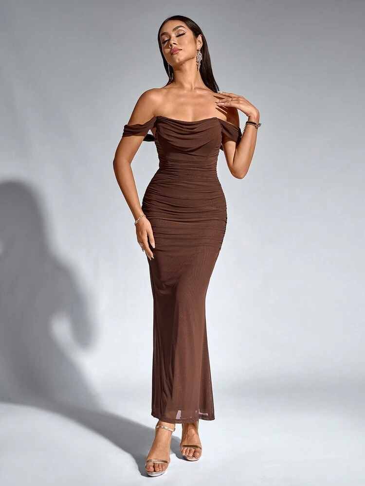 brown shuhu maxi dress sleeveless Marmo Draped Mini Dress in Chocolate By DISSH