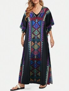 Áo choàng rộng cổ chữ V họa tiết hình giọt nước có xẻ tà cho nữ, áo choàng đi biển - Nhiều màu - Xem 3