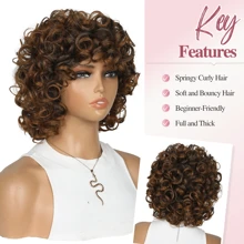 Pelucas cortas rizadas para mujer, peluca sintética de cabello afro rizado y rizado con flequillo, color negro / marrón / rubio miel degradado, fibra resistente al calor, peluca rizada corta con muelles para uso diario, peluca rizada y afro para mujer, para cosplay y fiestas