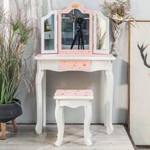 Princess Vanity Set - 2-In-1 Makeup Table With Tri-Folding Mirror, Drawer, And Stool For Toddler Girls - Pretend Play Dressing Table - 星星粉紅 - 查看 6