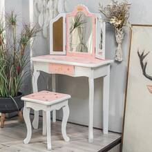 Princess Vanity Set - 2-In-1 Makeup Table With Tri-Folding Mirror, Drawer, And Stool For Toddler Girls - Pretend Play Dressing Table - 星星粉紅 - 查看 1