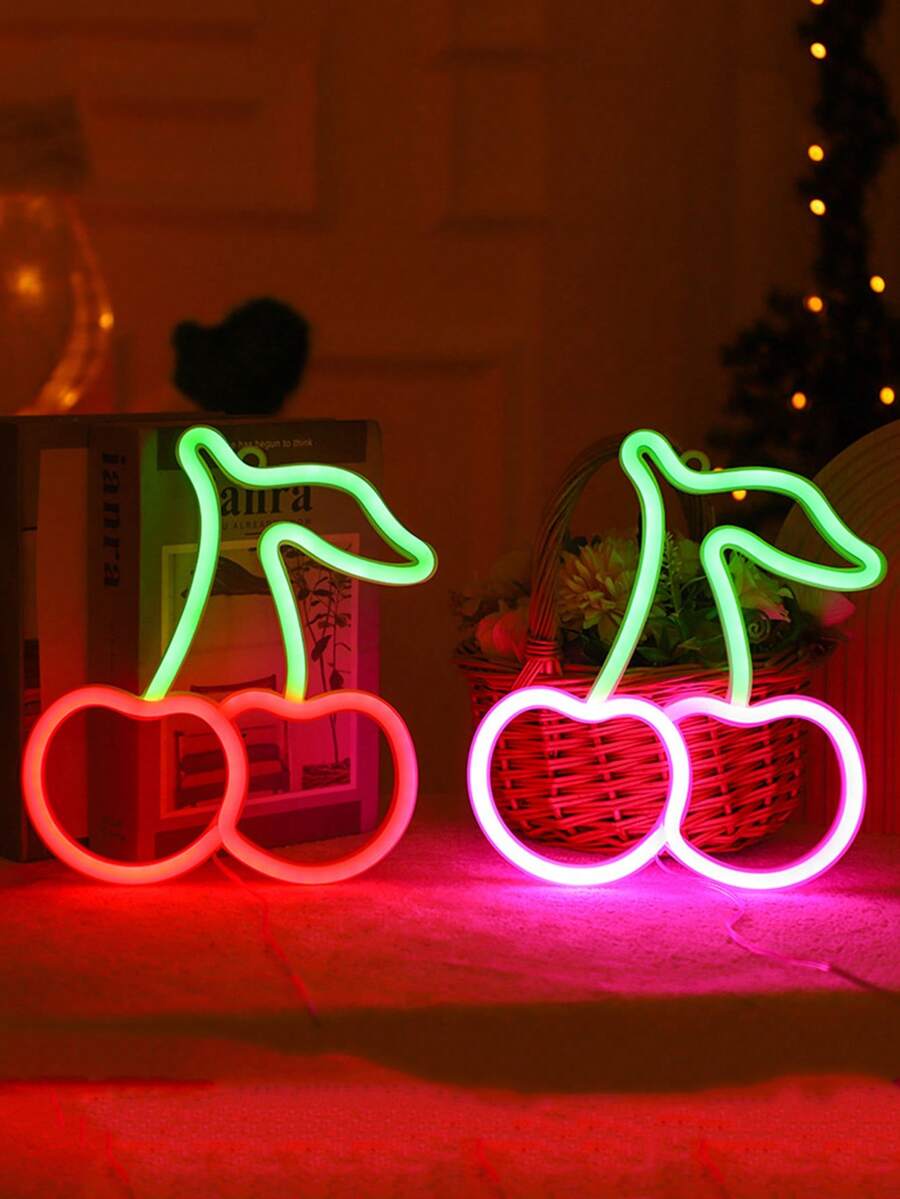 1pc Cherry LED Neon Night Light, USB/Battery Power Supply With 1 Hook,Cherry Neon Sign Light,Suitable For Children's Bedroom Decor, Background Walls Decor, Birthdays Decor, Party Decor,Perfect Gift For Friends - White - View 1