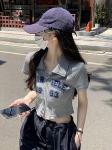 春夏復古風格字母印花短袖立體刺繡開衩套頭上衣 - 灰色 - 查看 5