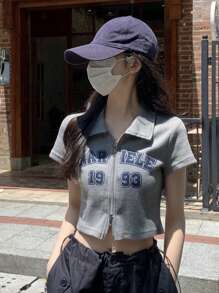 春夏復古風格字母印花短袖立體刺繡開衩套頭上衣 - 灰色 - 查看 1