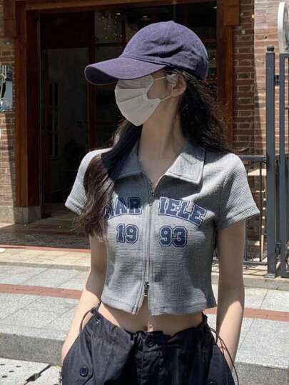 春夏復古風格字母印花短袖立體刺繡開衩套頭上衣