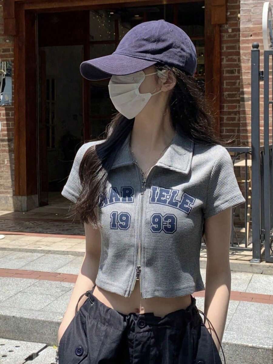 春夏復古風格字母印花短袖立體刺繡開衩套頭上衣 - 灰色 - 查看 1