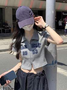 春夏復古風格字母印花短袖立體刺繡開衩套頭上衣 - 灰色 - 查看 3