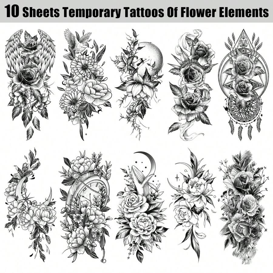 10 Sheets Large Temporary Tattoos For Women , Flower Realistic Long