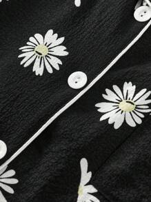 女士雏菊印花夏季睡衣套装（两件套），短袖纽扣衬衫和短裤，休闲家居服 - 黑色 - 查看 6