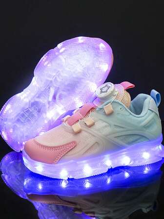USB充电LED 7色发光运动鞋，春秋季发光网眼鞋，亲子，儿童，中童，男童/女童，小学生，休闲跑步运动，旋转按钮，街舞鞋