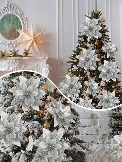 Conjunto de 10 piezas de decoraciones florales para árbol de Navidad, adornos de flores para árbol de Navidad, ideal para decorar el árbol de Navidad y fiestas navideñas