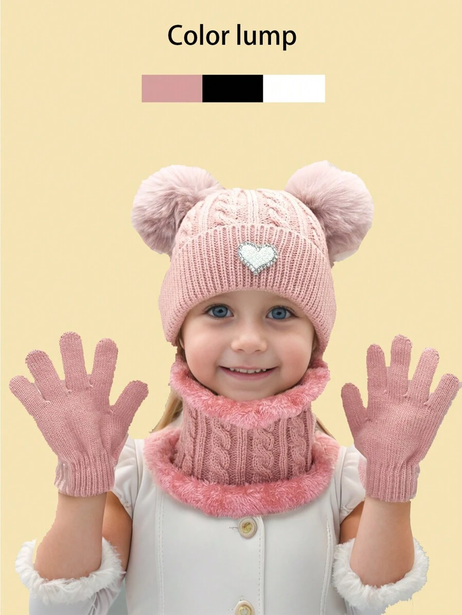 3pcs/Set Girls' Cute Heart Decor Fluffy Earmuffs With Dual Pompoms, Autumn/Winter - Love - View 1