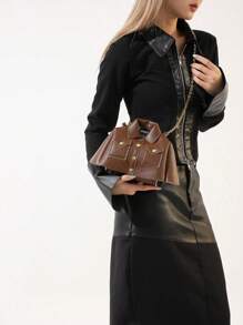 1 pieza Bolso de mano retro y aceitoso, bolso de hombro con decoración de cadena de estilo punk de casual, material de PU, correa desmontable, adecuado para uso diario de la mujer, citas, compras, viajes, Halloween, regalo de Navidad - Marrón - Ver 3