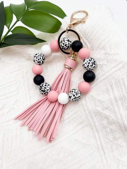 1pc Leopard White Background Wooden Beaded Silicone Beaded PU Tassel Keychain, Bag & Key Anti-Lost Pendant, Gift For Friend Car Accessories Bag Charm Backpack For School Cute Goth Y2k Bag Accessories Lanyards With Id Holder Car Accessories Bag Charms
