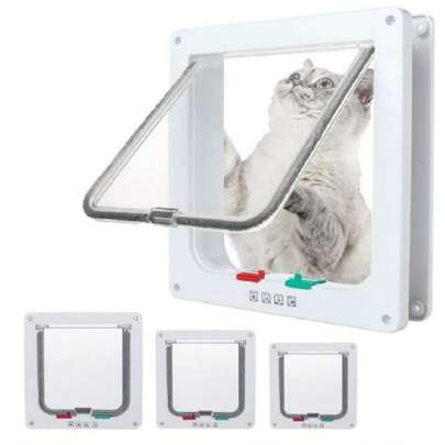 Porta de gato e cachorro com trava branca de 4 vias, porta com aba para gatos e cachorros, porta interna e externa à prova de intempéries para animais de estimação