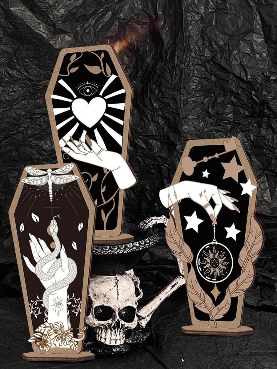 1pc Halloween Decoration Gothic Home Decor Hand Wooden Coffin Sign Decor Spooky Hands Stars Hearts Table Desk Accessories For Halloween Party Supplies Home Decor,Christmas - Multicolor - View 1