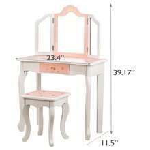 Princess Vanity Set - 2-In-1 Makeup Table With Tri-Folding Mirror, Drawer, And Stool For Toddler Girls - Pretend Play Dressing Table - 星星粉紅 - 查看 2