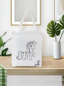1 件卡通独角兽/长颈鹿/可爱小恐龙/狮子/老虎 DIY 涂鸦帆布包，大容量卡通印花手提包，时尚休闲手提包，非常适合杂货店购物、日常使用、艺术派对礼品袋、生日派对礼品包装袋和储物用品 - 彩色 - 查看 8
