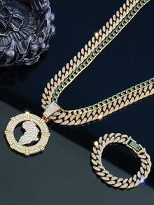 三件套嘻哈精美珠宝手链锌合金水钻时尚链条项链带手镯圆形地图吊坠男女通用 - 地圖 - 查看 11