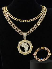 三件套嘻哈精美珠宝手链锌合金水钻时尚链条项链带手镯圆形地图吊坠男女通用 - 地圖 - 查看 7