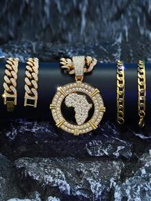 三件套嘻哈精美珠宝手链锌合金水钻时尚链条项链带手镯圆形地图吊坠男女通用 - 地圖 - 查看 8