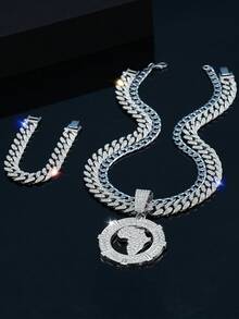 三件套嘻哈精美珠宝手链锌合金水钻时尚链条项链带手镯圆形地图吊坠男女通用 - 地圖 - 查看 5