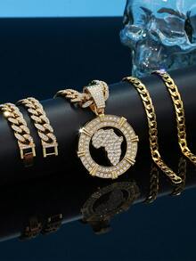 三件套嘻哈精美珠宝手链锌合金水钻时尚链条项链带手镯圆形地图吊坠男女通用 - 地圖 - 查看 3