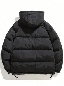 男士长袖纯色连帽保暖羽绒服，带大口袋，秋冬款 - 黑色 - 查看 3