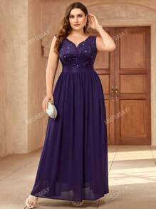 Vestido de fiesta largo y formal con cuello de corazón, inserciones de lentejuelas y encaje contrastante de tul, elegante vestido para fiesta de graduación, baile de graduación, cena, boda