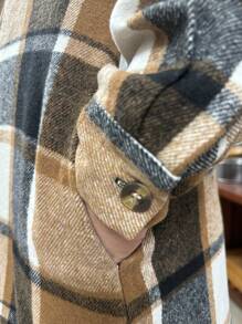 女裝時尚街頭風格寬鬆格紋襯衫夾克，翻領式立領，長袖