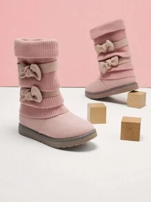 Girl's Mid Calf Snow Boots With Bow, Lined Warm & Comfortable Winter Boots - Hồng - Xem 1