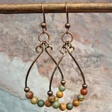 1pc Copper-Color Bohemian Vintage Water Drop Beaded Earrings, Holiday & Wedding Jewelry Gift - Bronze - View 1