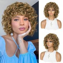 Pelucas cortas rizadas para mujer, peluca sintética de cabello afro rizado y rizado con flequillo, color negro / marrón / rubio miel degradado, fibra resistente al calor, peluca rizada corta con muelles para uso diario, peluca rizada y afro para mujer, para cosplay y fiestas