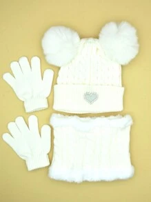 3pcs/Set Girls' Cute Heart Decor Fluffy Earmuffs With Dual Pompoms, Autumn/Winter - Love - View 7