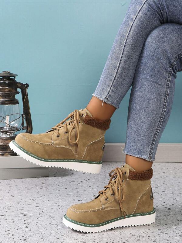 New 2024 Autumn Winter Style Vintage  Boots, Go With Sweater, Fashionable Thick Tied , Style With Cardigan, Outdoor Snow Boots Winter Shoes