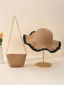 2 件套：女士卡其色波浪蝴蝶结草编太阳帽和斜挎草编包，适合日常、度假和旅行 - 彩色 - 查看 1